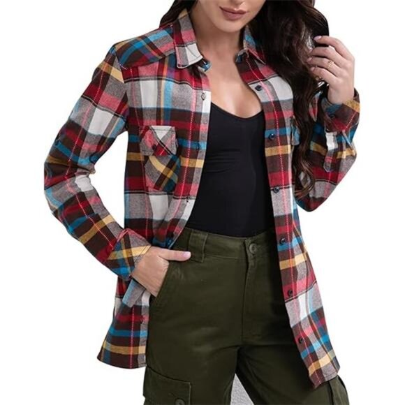 Match Womens Button Down Flannel Plaid Shirts roll up Long Sleeve Shackets - Picture 8 of 8